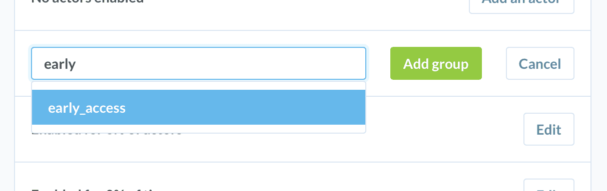 Screenshot of a form with an auto-suggest input field for adding a group to a feature.
