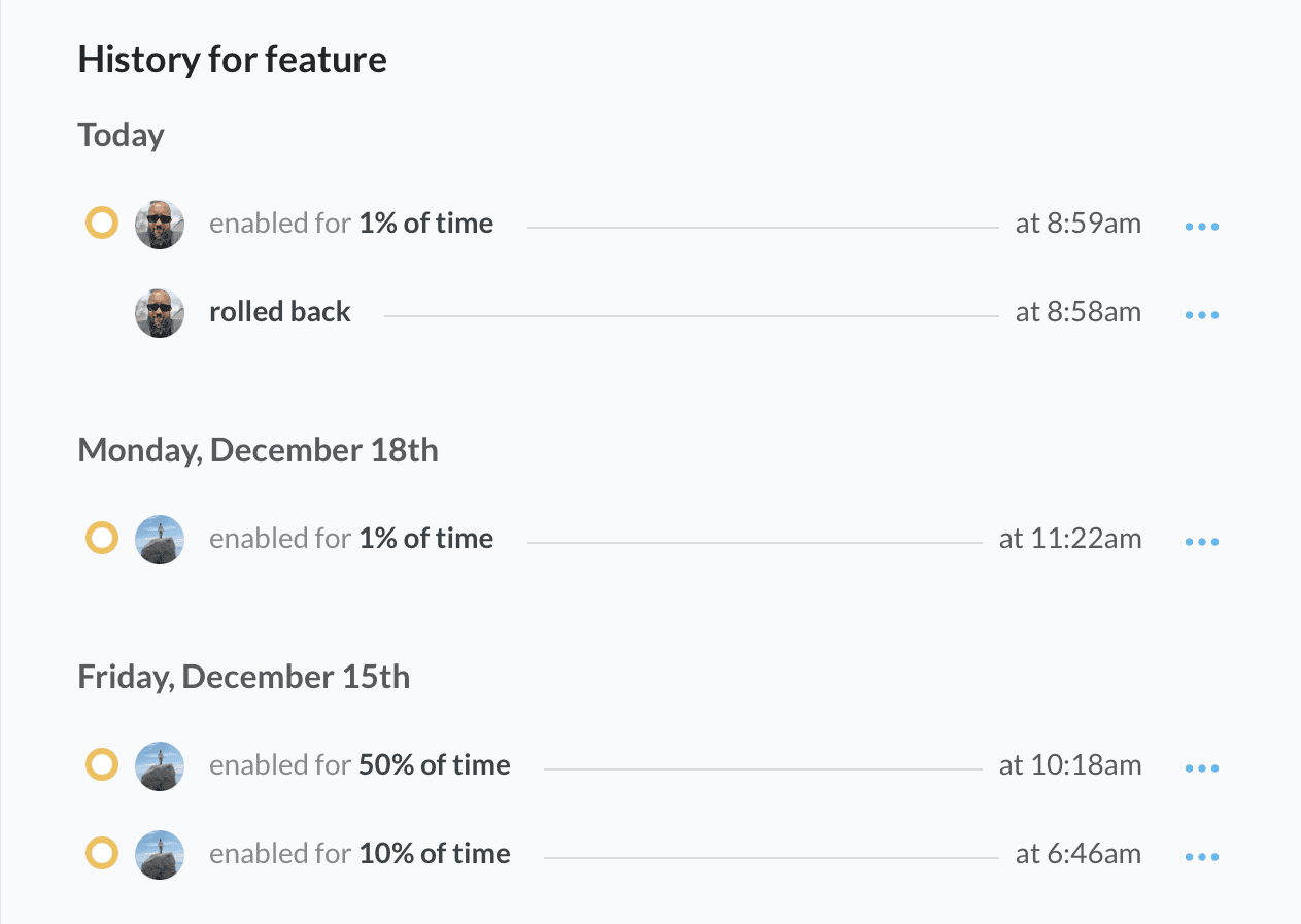 A screenshot of a list of audit history events with changes and rollbacks.