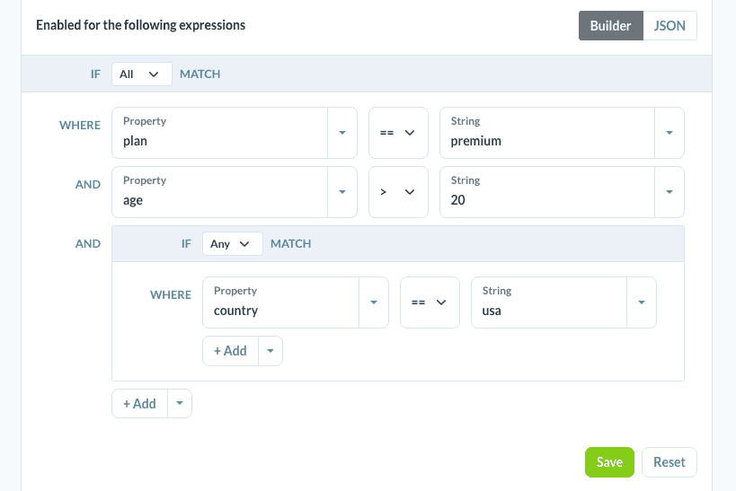 Screenshot of the expression builder interface showing conditions for plan equals premium, age greater than 20, and country equals usa combined with AND/OR logic.